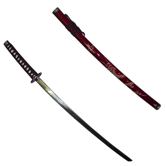 Katana con drago inciso rossa - spada giapponese di colore rosso con fodero inciso.